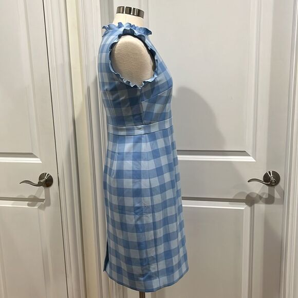 New! J. Crew Ruffle-trim sheath dress in gingham stretch crepe Blue Size 4 NWT - Picture 6 of 16